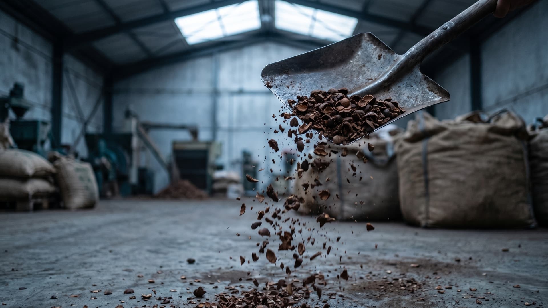 Palm Kernel Shell — łupina olejowca gwinejskiego sypana z łopaty