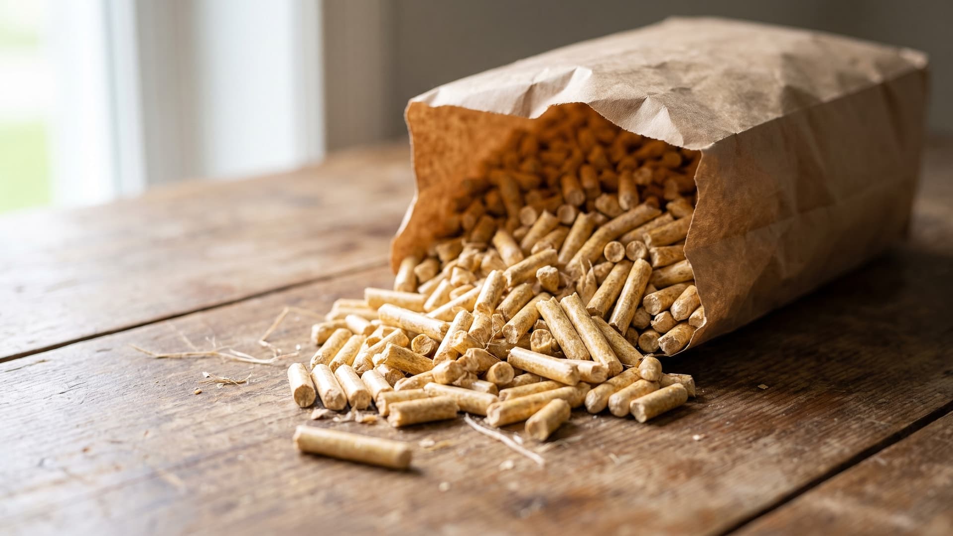 Pellet drzewny klasy A1 — makro w papierowej torbie