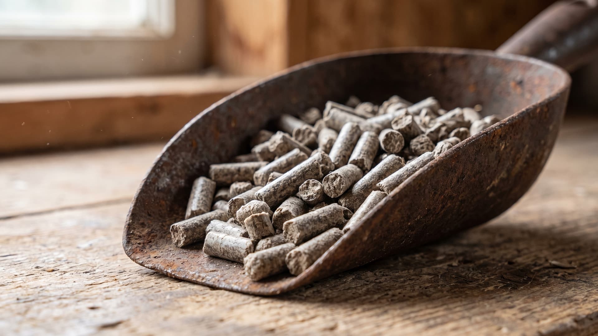 Pellet z łuski słonecznika — makro w stalowej łyżce